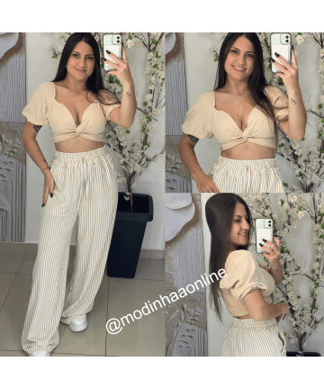 Calça Pantalona Izabella Listras Nude